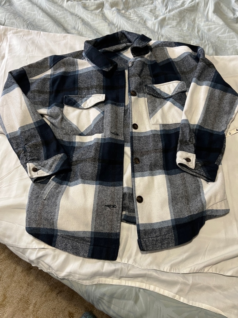 Plaid Utility Shacket Jacket - Navy, Gray & White